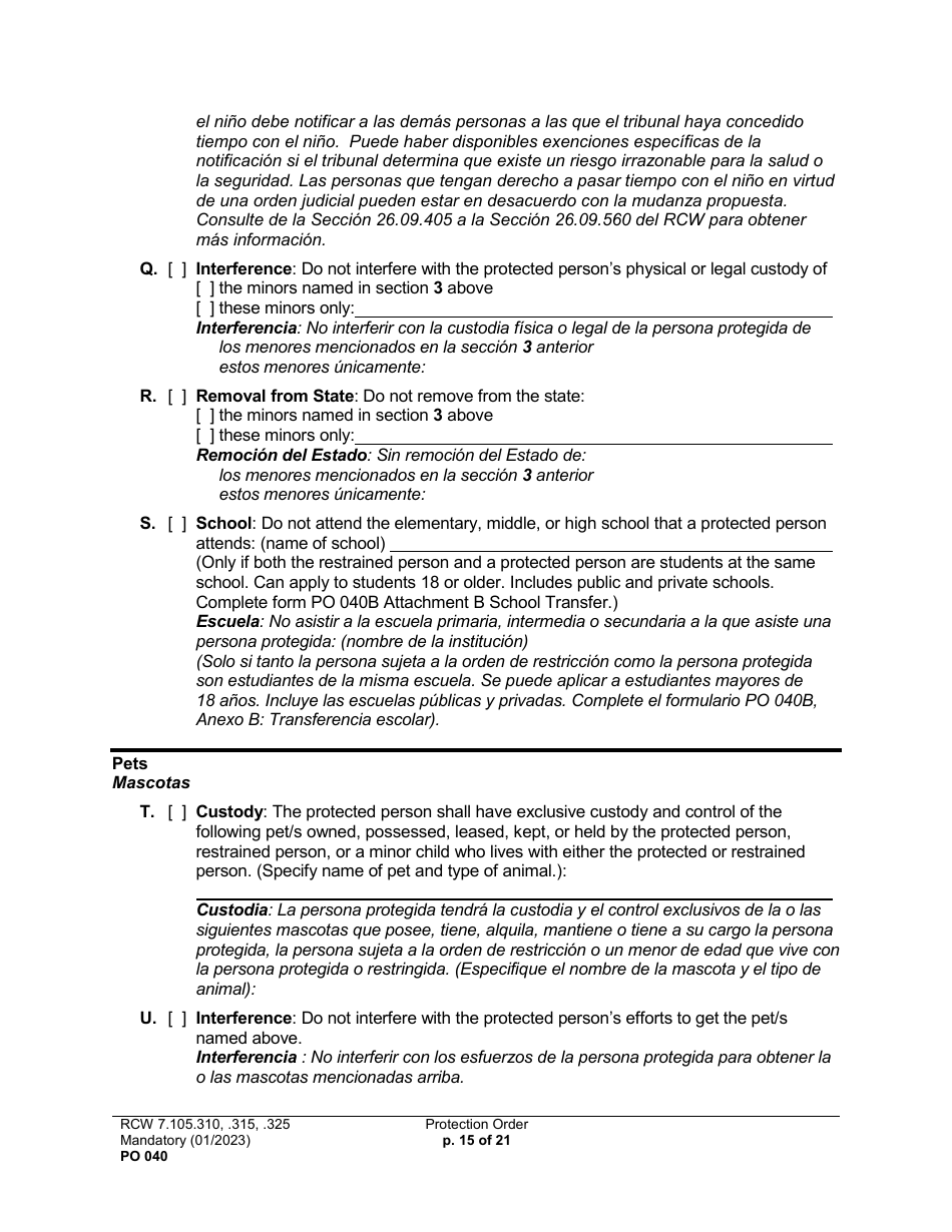 Form PO040 Protection Order - Washington (English / Spanish), Page 15