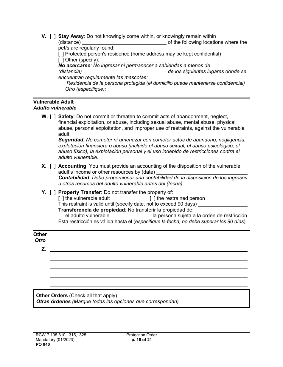 Form PO040 Protection Order - Washington (English / Spanish), Page 16