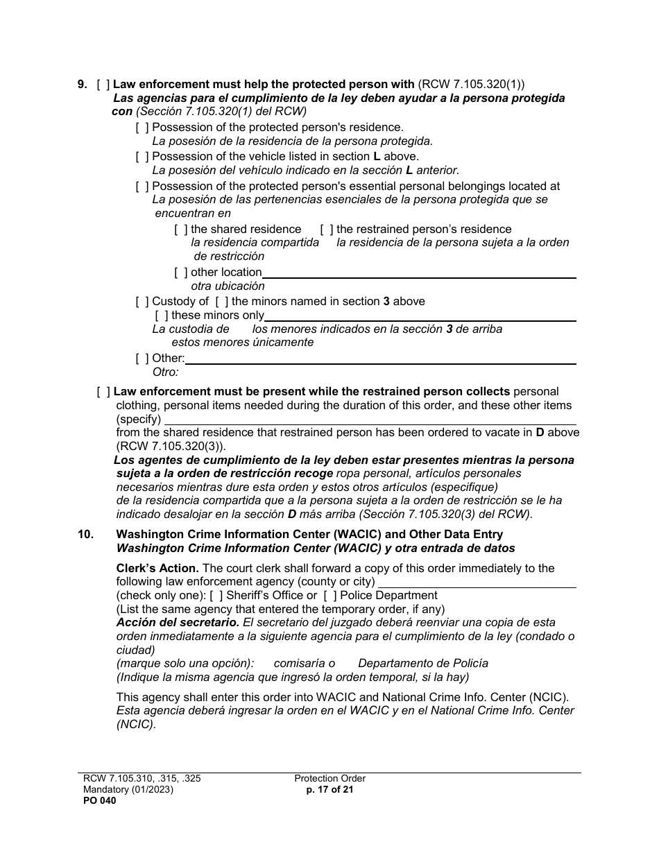 Form PO040 Protection Order - Washington (English / Spanish), Page 17