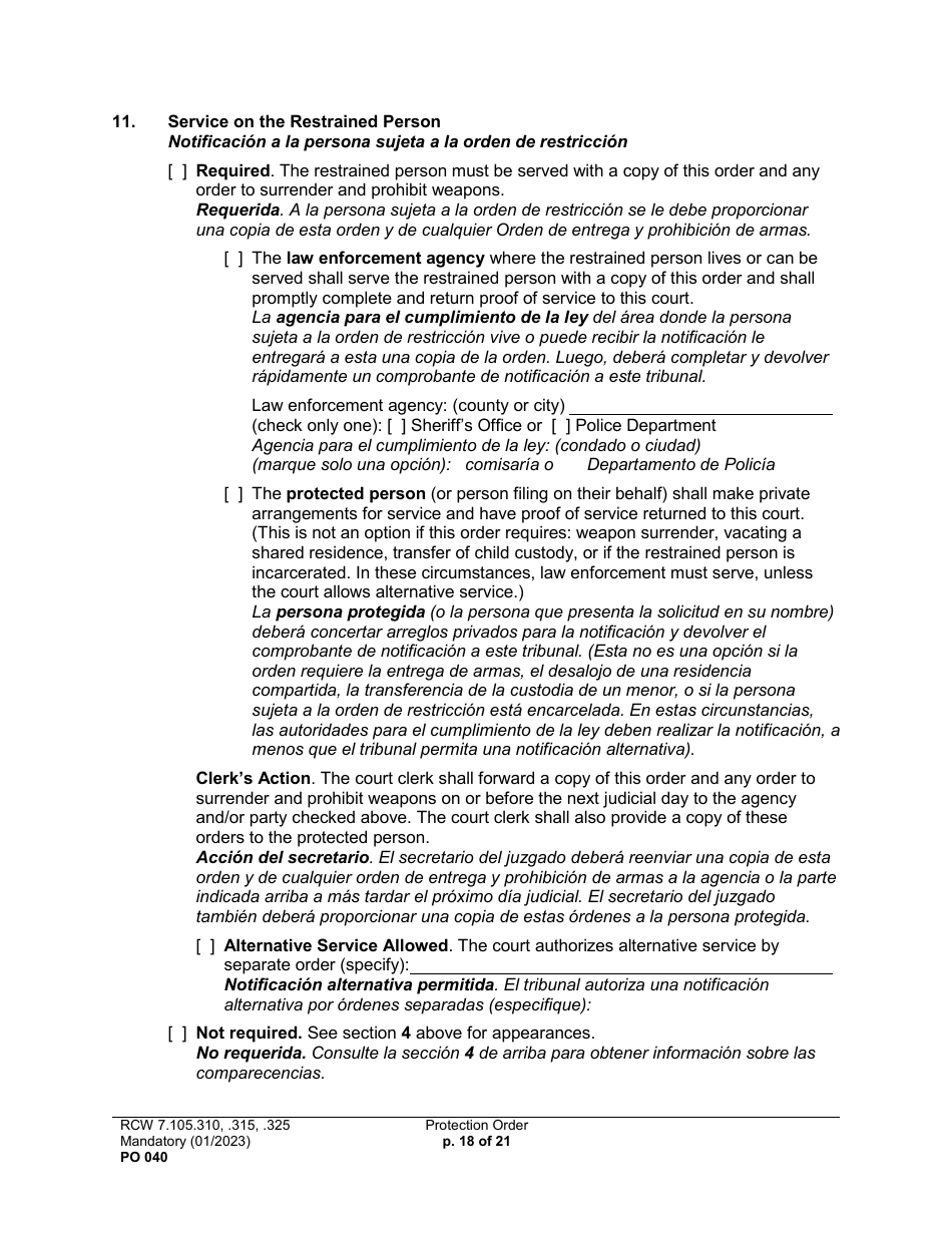 Form PO040 Protection Order - Washington (English / Spanish), Page 18