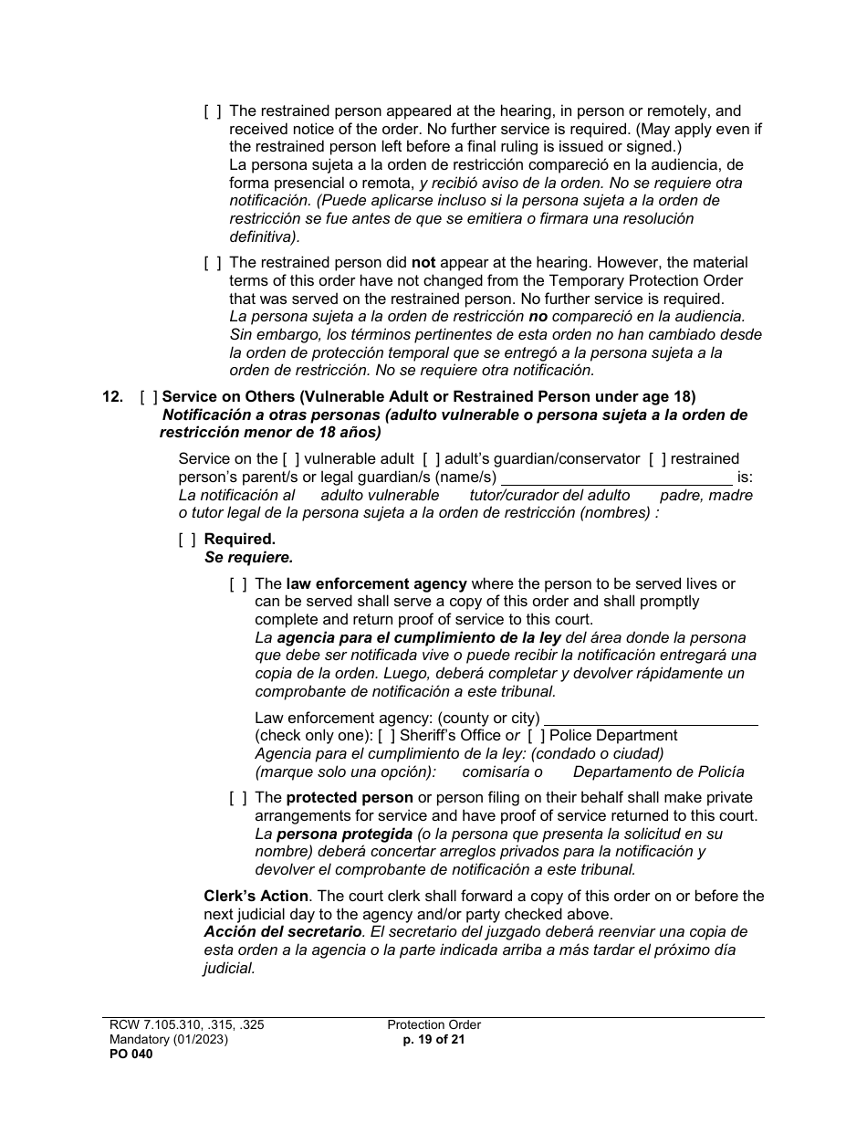 Form PO040 Protection Order - Washington (English / Spanish), Page 19