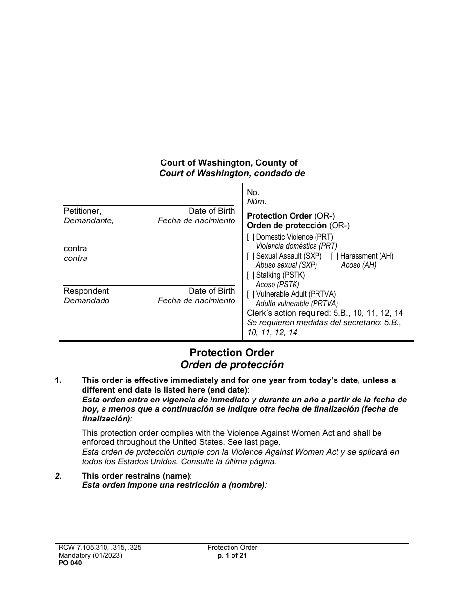 Form PO040 Protection Order - Washington (English / Spanish), Page 1