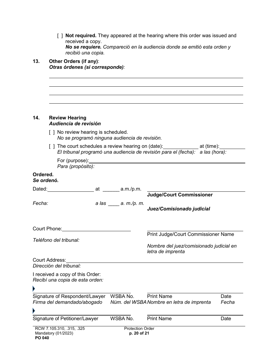 Form PO040 Protection Order - Washington (English / Spanish), Page 20