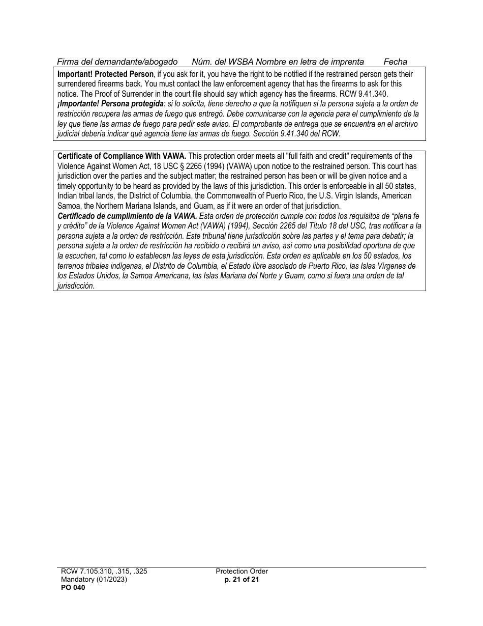 Form PO040 Protection Order - Washington (English / Spanish), Page 21