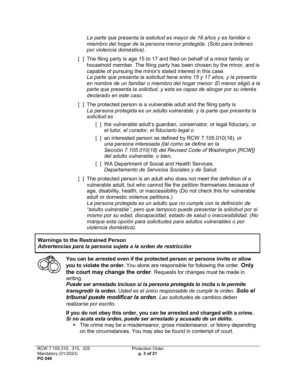 Form PO040 Protection Order - Washington (English / Spanish), Page 3