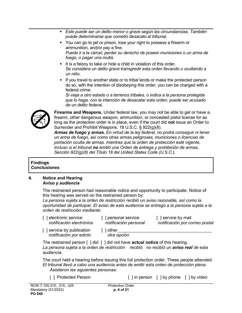 Form PO040 Protection Order - Washington (English / Spanish), Page 4