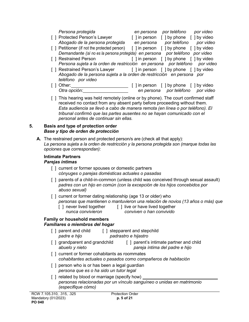 Form PO040 Protection Order - Washington (English / Spanish), Page 5