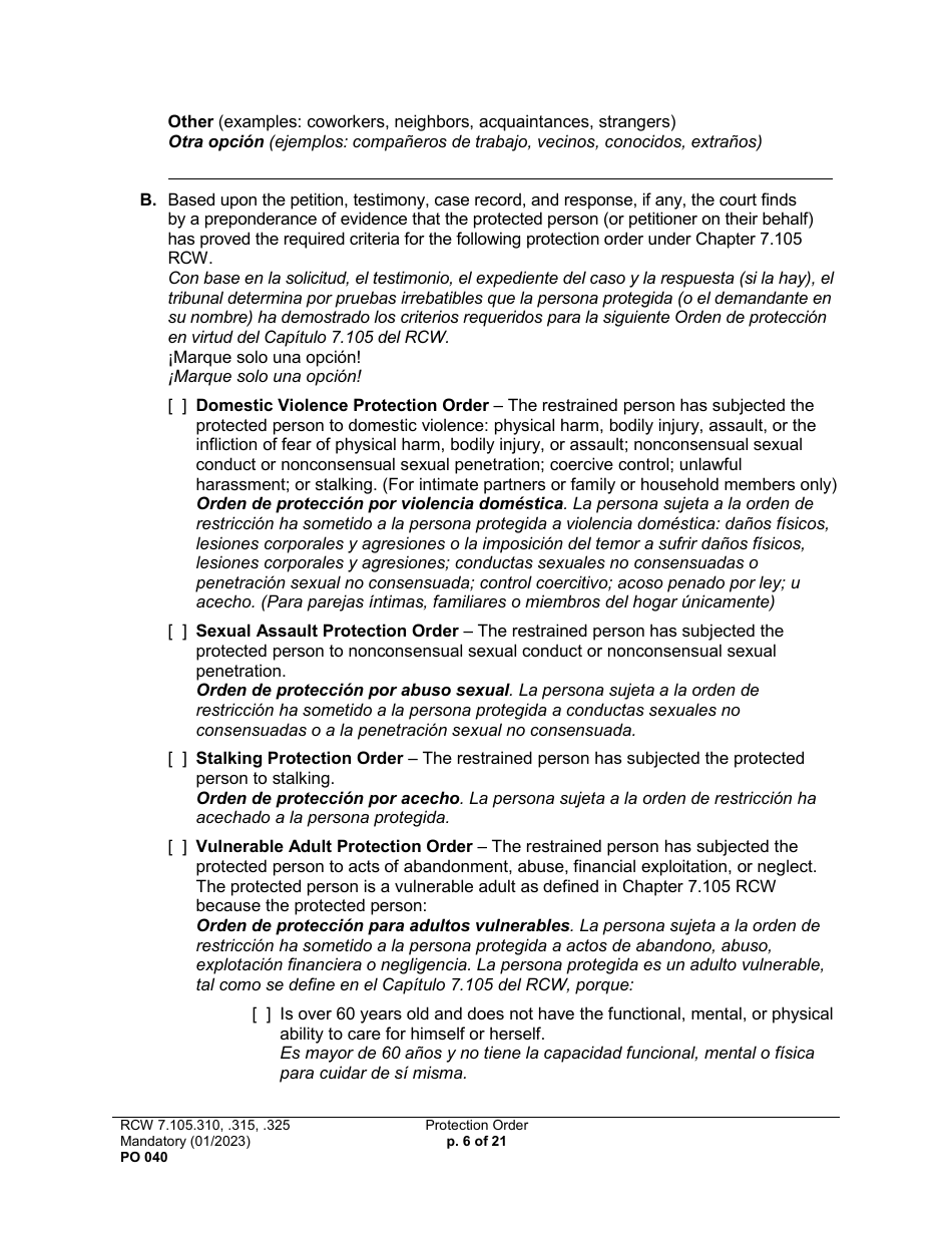 Form PO040 Protection Order - Washington (English / Spanish), Page 6