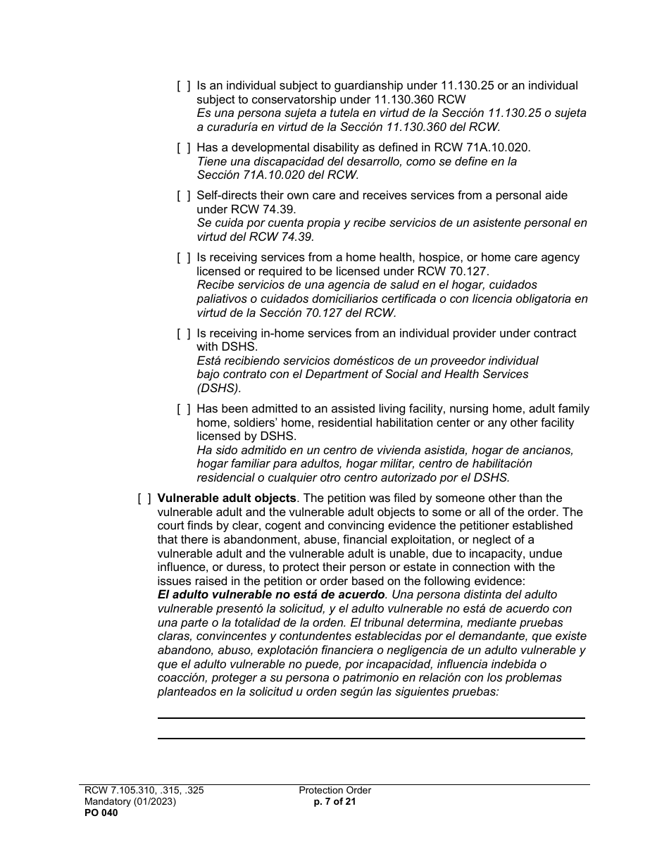 Form PO040 Protection Order - Washington (English / Spanish), Page 7