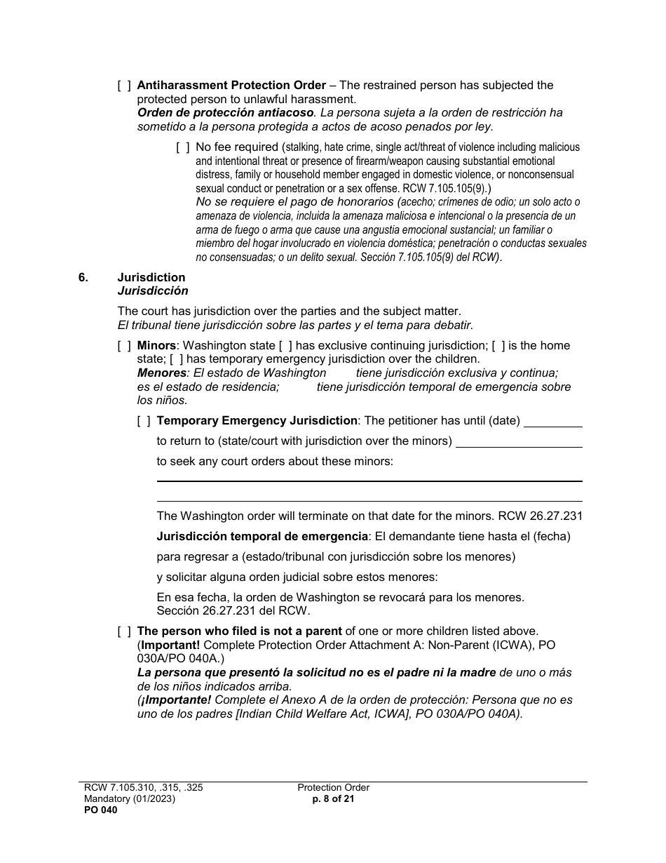 Form PO040 Protection Order - Washington (English / Spanish), Page 8
