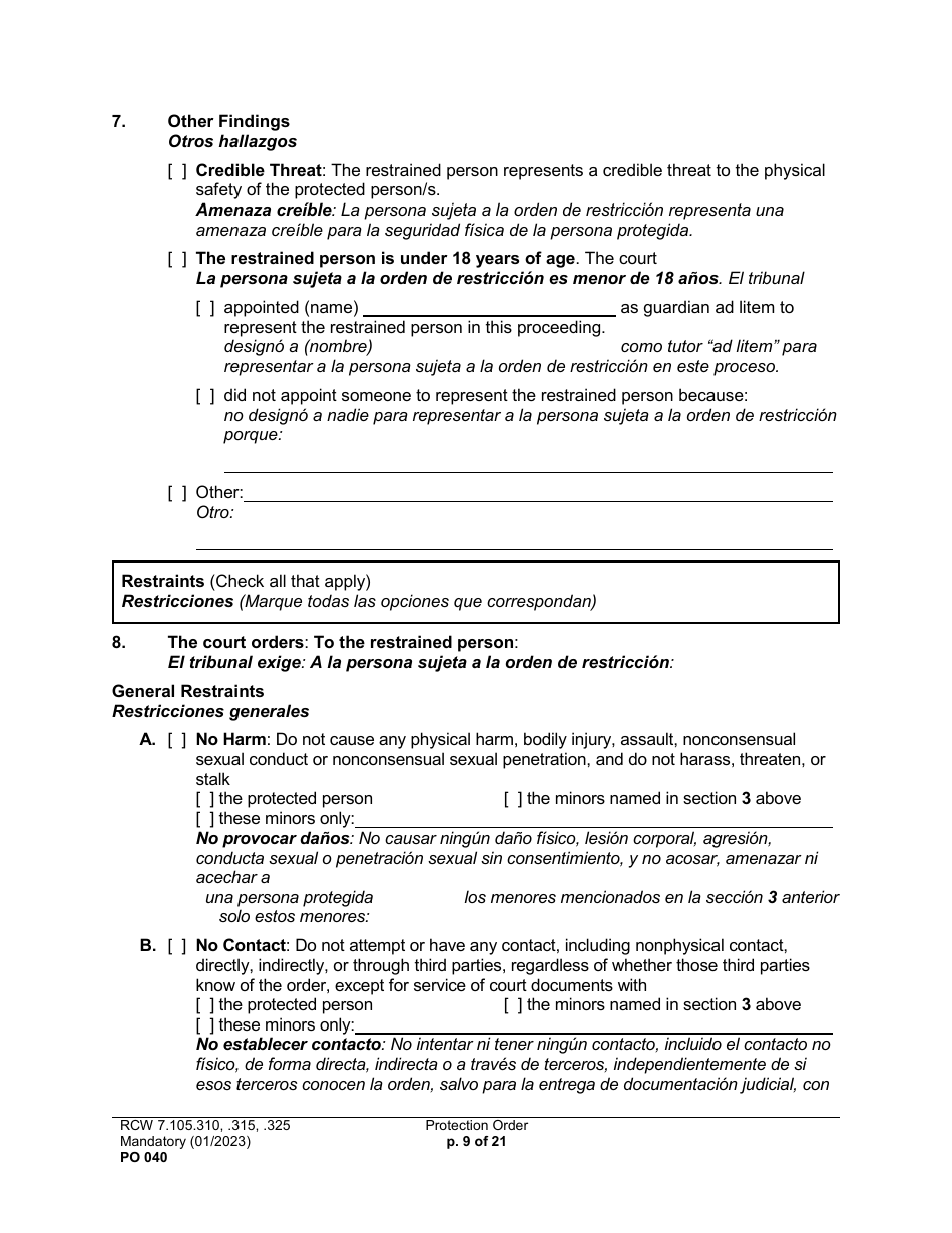 Form PO040 Protection Order - Washington (English / Spanish), Page 9