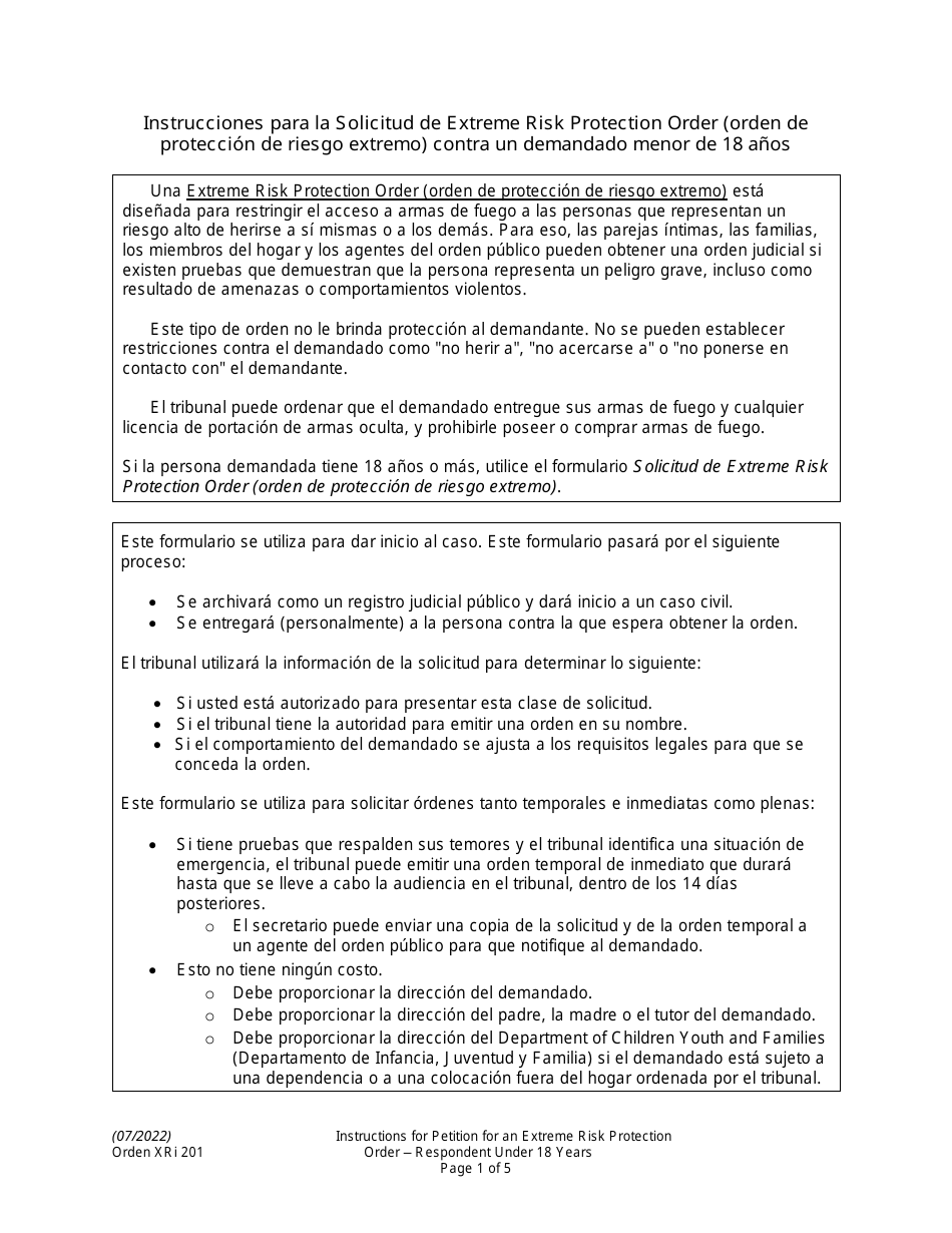 Instrucciones para Formulario XR201 Orden De Proteccion De Riesgo Extremo Contra Un Demandado Menor De 18 Anos - Washington (Spanish), Page 1