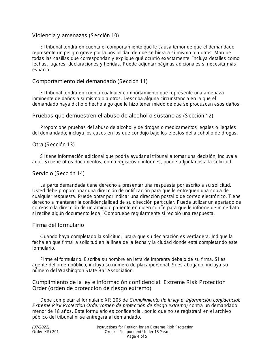 Instrucciones para Formulario XR201 Orden De Proteccion De Riesgo Extremo Contra Un Demandado Menor De 18 Anos - Washington (Spanish), Page 4