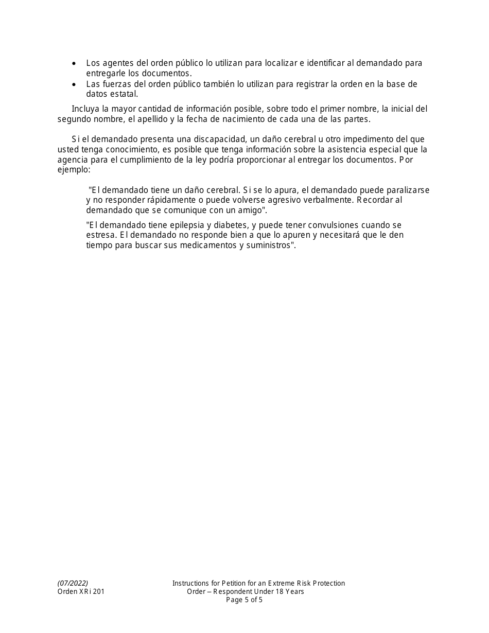 Instrucciones para Formulario XR201 Orden De Proteccion De Riesgo Extremo Contra Un Demandado Menor De 18 Anos - Washington (Spanish), Page 5