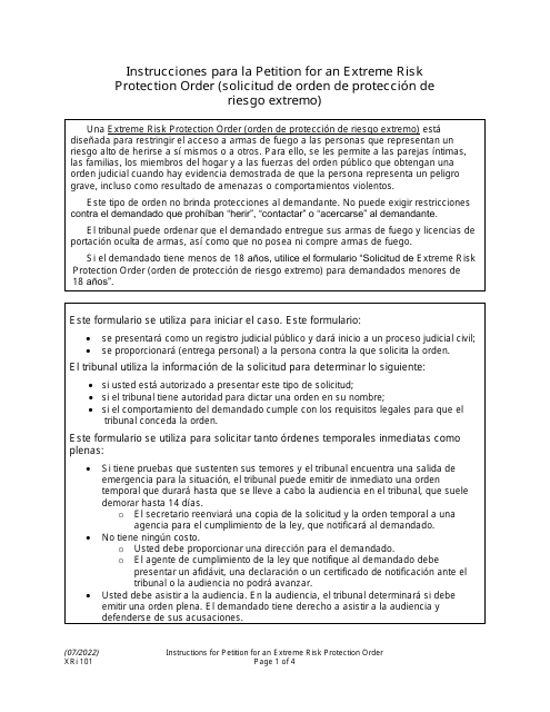 Instrucciones para Formulario XR101 Solicitud De Orden De Proteccion De Riesgo Extremo - Washington (Spanish)