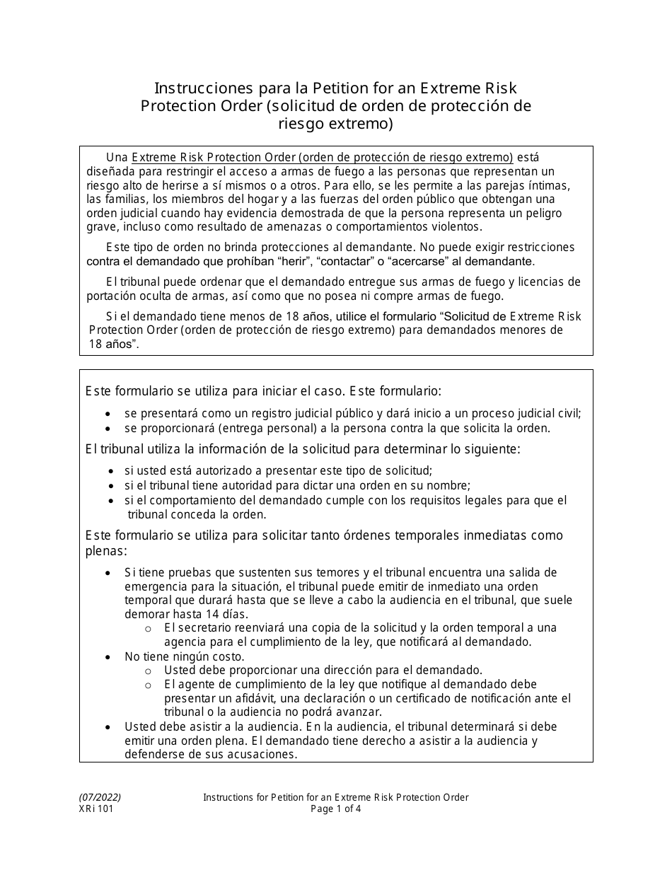 Instrucciones para Formulario XR101 Solicitud De Orden De Proteccion De Riesgo Extremo - Washington (Spanish), Page 1