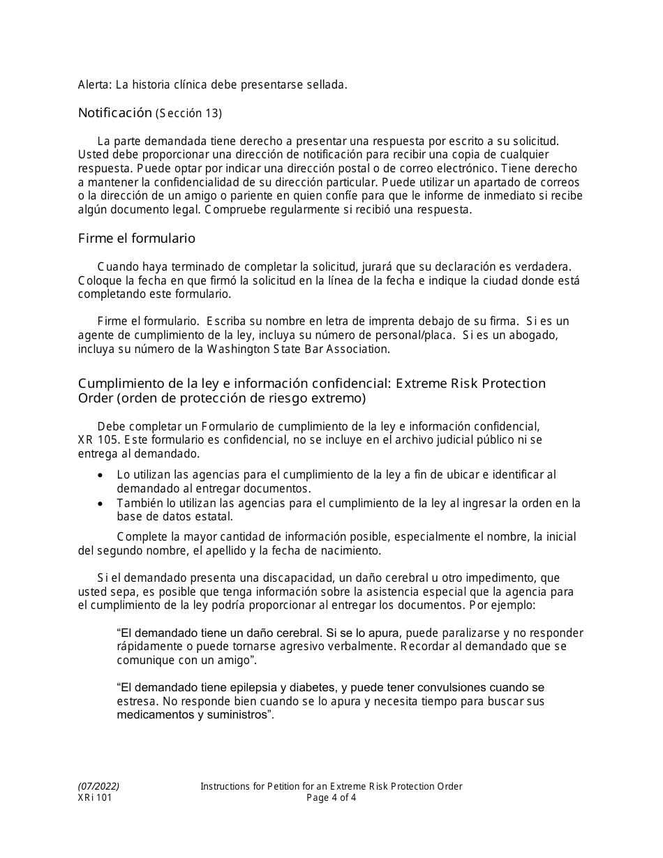 Instrucciones para Formulario XR101 Solicitud De Orden De Proteccion De Riesgo Extremo - Washington (Spanish), Page 4