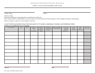 Document preview: Form OCC1202 Family Child Care Residents and Staff - Maryland