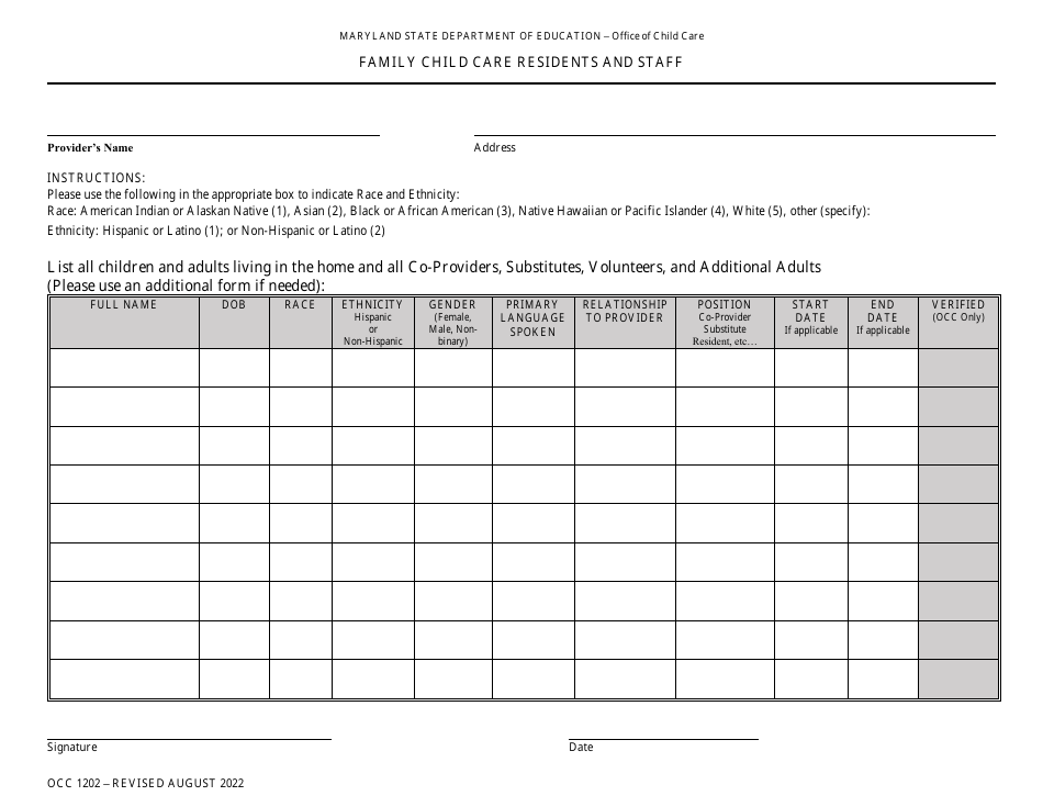 Form OCC1202 Family Child Care Residents and Staff - Maryland, Page 1