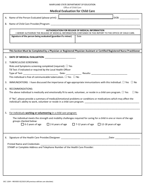 Form OCC1204 Medical Evaluation for Child Care - Maryland