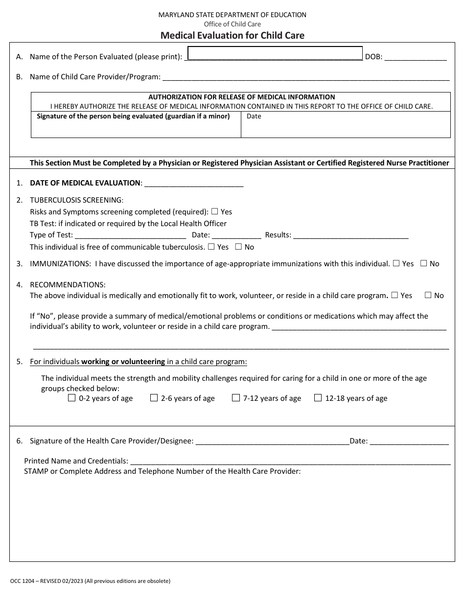 Form OCC1204 Medical Evaluation for Child Care - Maryland, Page 1
