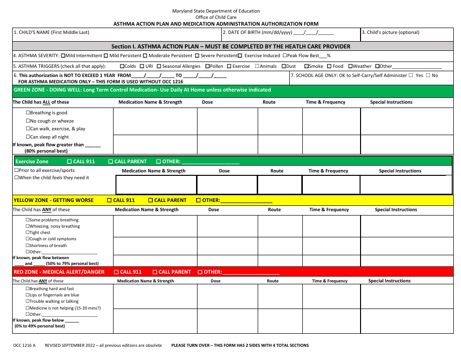 Form OCC1216 A Asthma Action Plan and Medication Administration Authorization Form - Maryland, Page 1