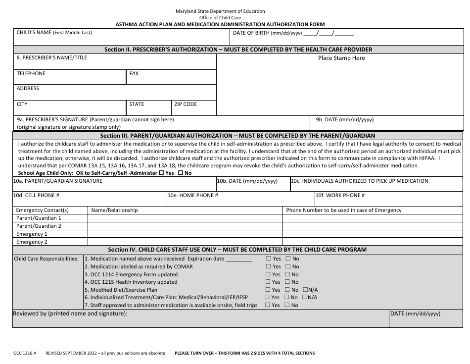 Form OCC1216 A Asthma Action Plan and Medication Administration Authorization Form - Maryland, Page 2