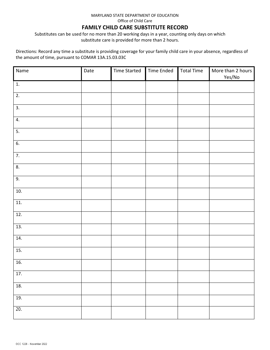 Form OCC1228 Family Child Care Substitute Record - Maryland, Page 1
