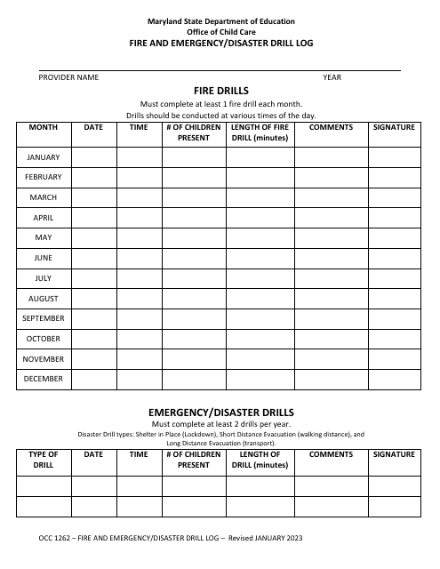 Form OCC1262 Fire and Emergency/Disaster Drill Log - Maryland