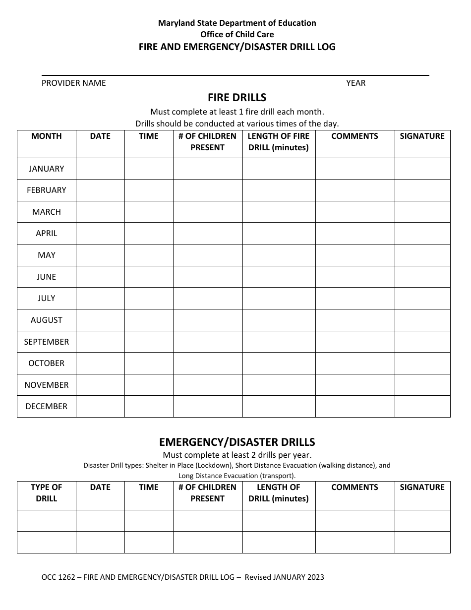 Form OCC1262 Fire and Emergency / Disaster Drill Log - Maryland, Page 1