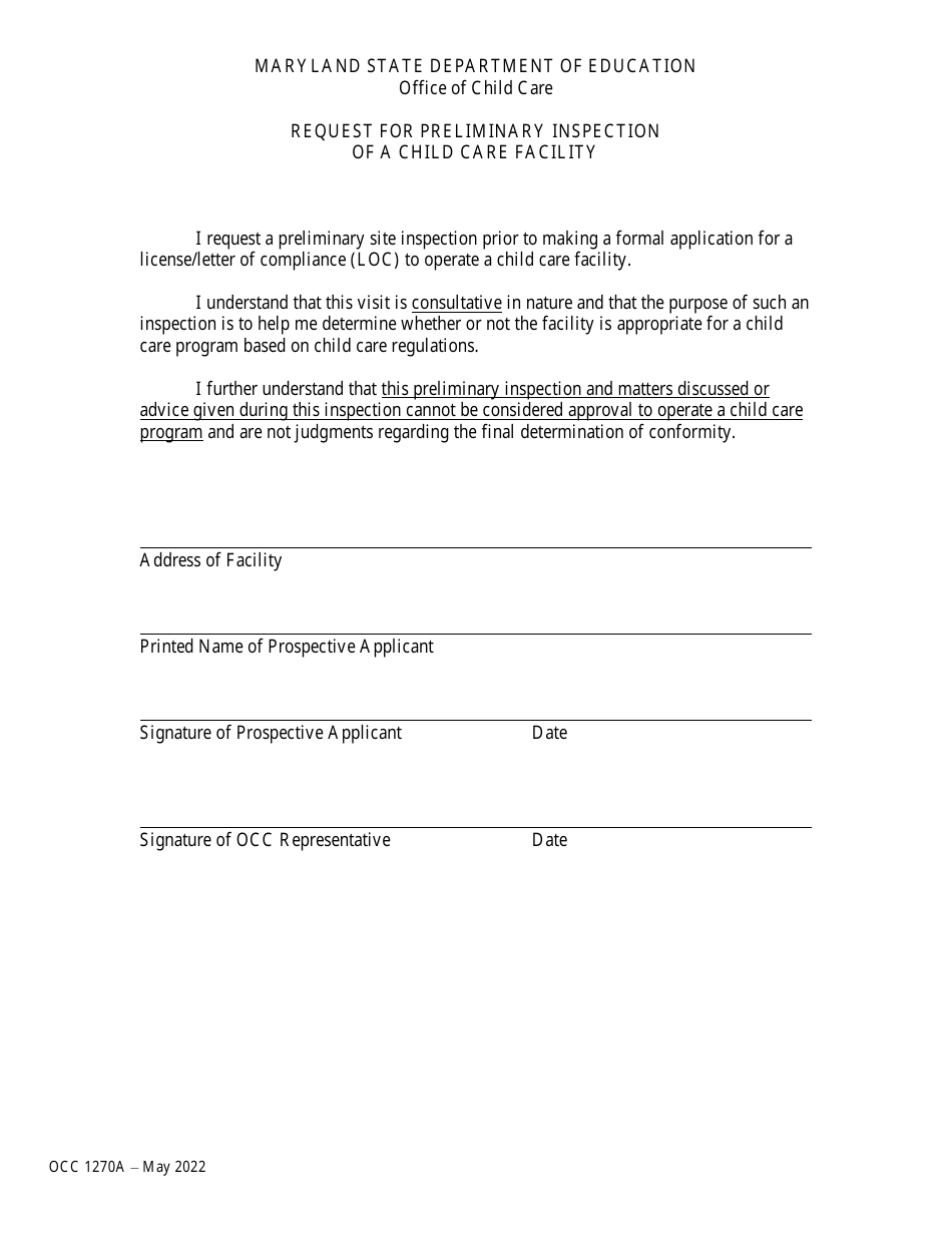 Form OCC1270A Request for Preliminary Inspection of a Child Care Facility - Maryland, Page 1
