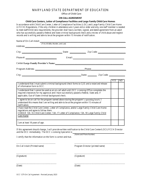 Form OCC1279 On Call Agreement - Child Care Centers, Letter of Compliance Facilities and Large Family Child Care Homes - Maryland
