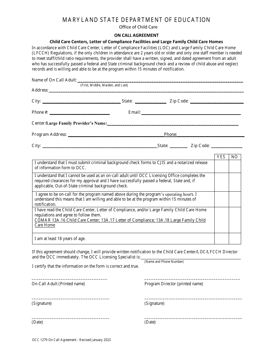 Form OCC1279 On Call Agreement - Child Care Centers, Letter of Compliance Facilities and Large Family Child Care Homes - Maryland, Page 1