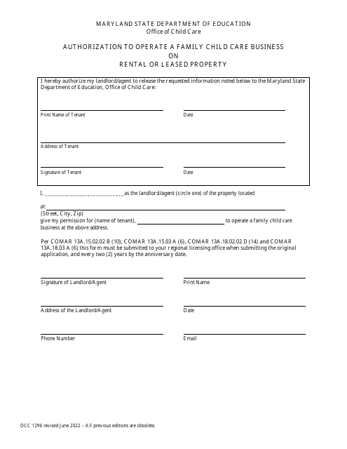 Form OCC1296 Authorization to Operate a Family Child Care Business on Rental or Leased Property - Maryland