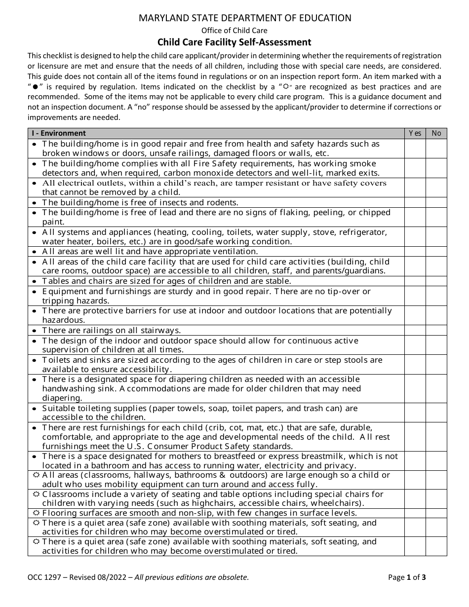 Form OCC1297 Child Care Facility Self-assessment - Maryland, Page 1