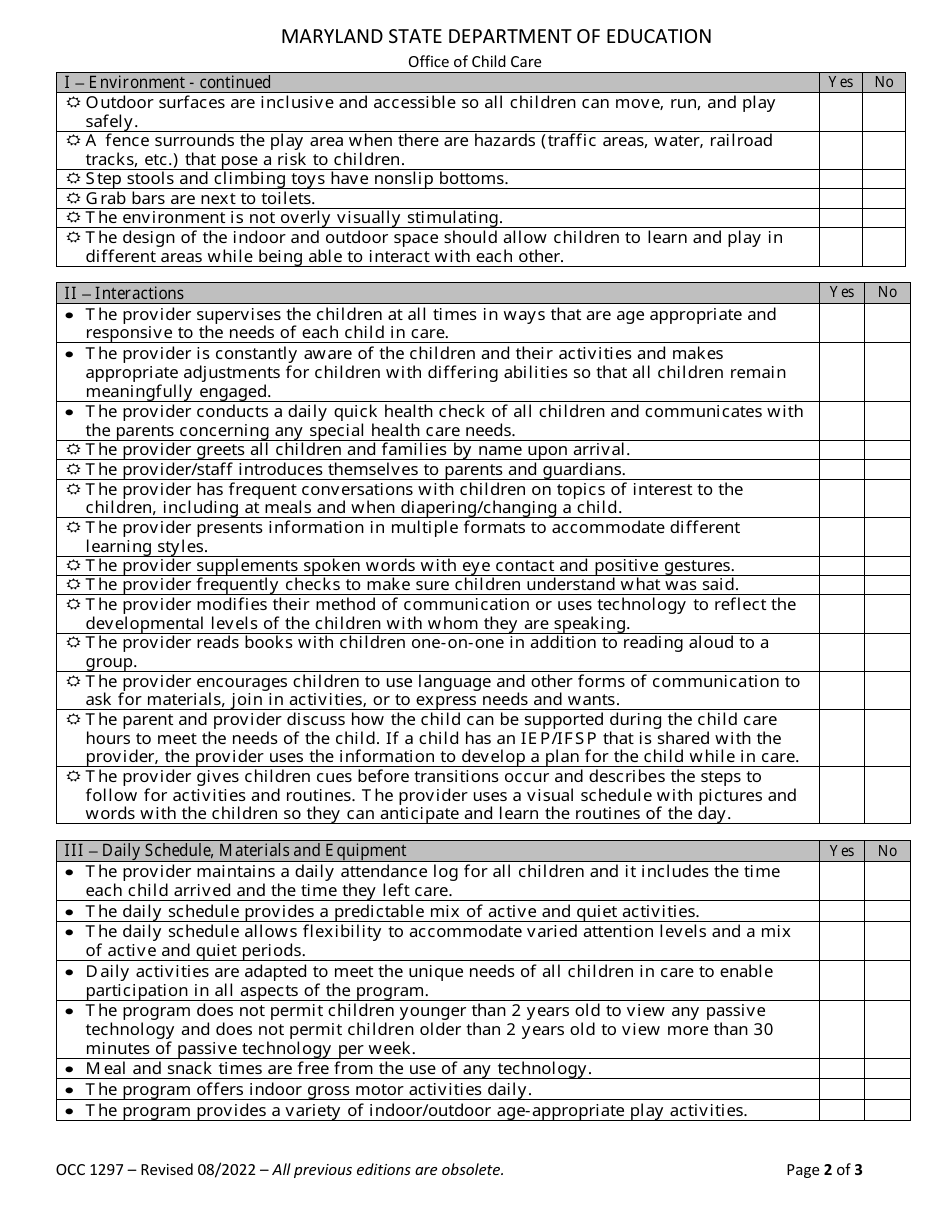 Form OCC1297 Child Care Facility Self-assessment - Maryland, Page 2