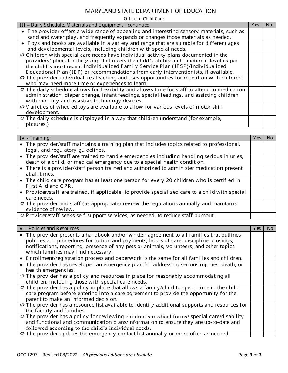 Form OCC1297 Child Care Facility Self-assessment - Maryland, Page 3