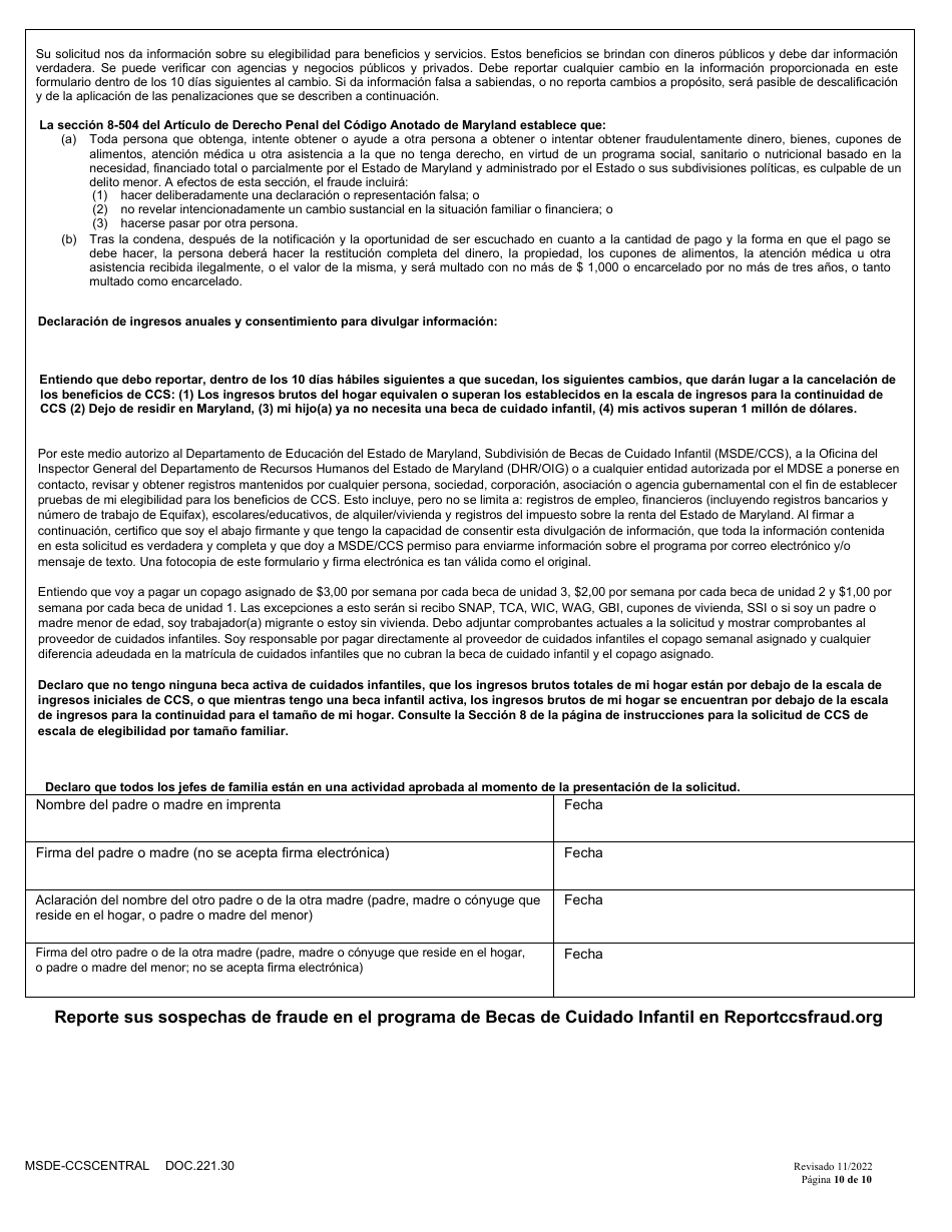 Formulario DOC.221.30 Solicitud Nueva Y Redefinicion - Programa De Becas De Cuidado Infantil - Maryland (Spanish), Page 10