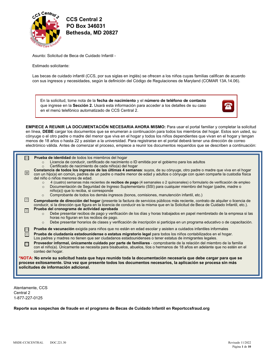 Formulario DOC.221.30 Solicitud Nueva Y Redefinicion - Programa De Becas De Cuidado Infantil - Maryland (Spanish), Page 1