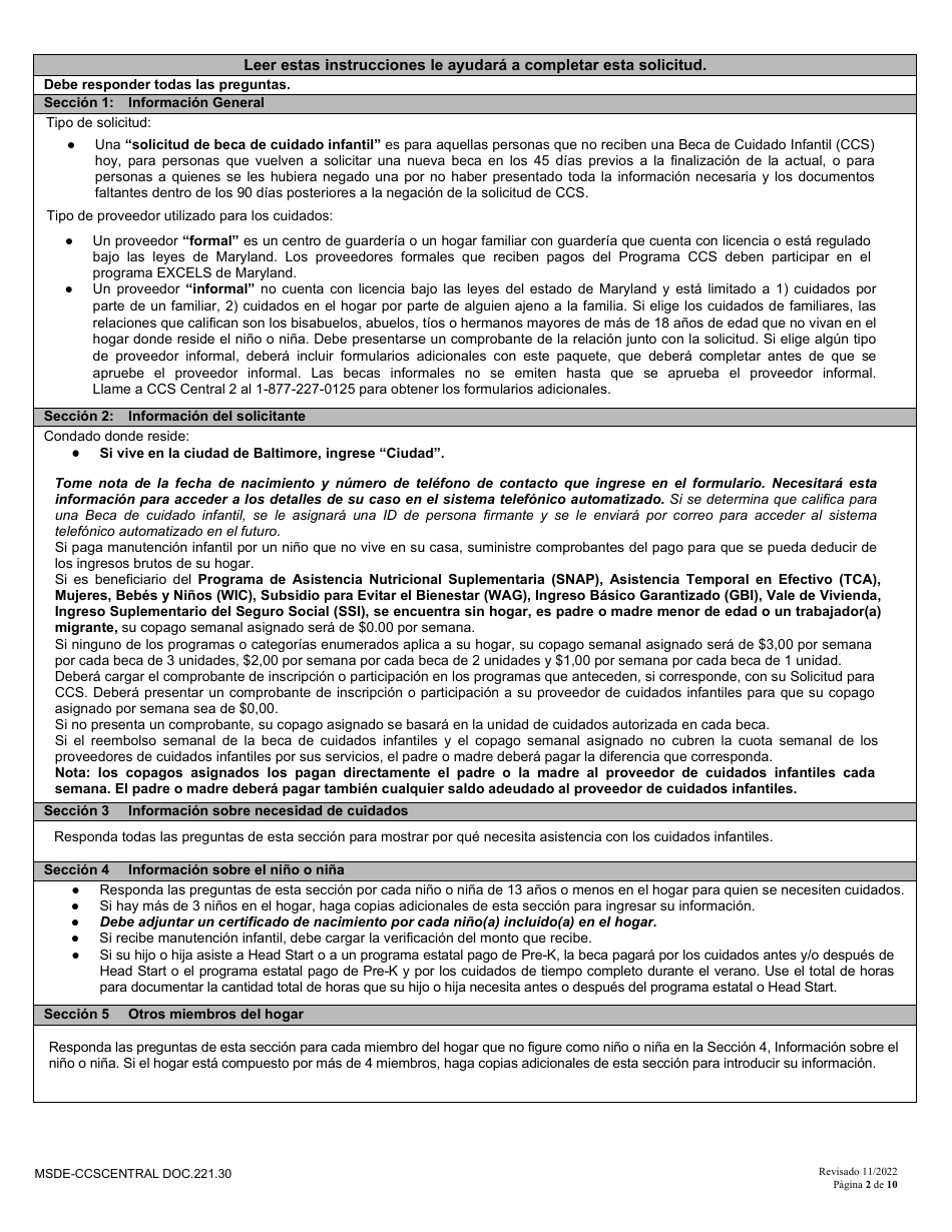 Formulario DOC.221.30 Solicitud Nueva Y Redefinicion - Programa De Becas De Cuidado Infantil - Maryland (Spanish), Page 2