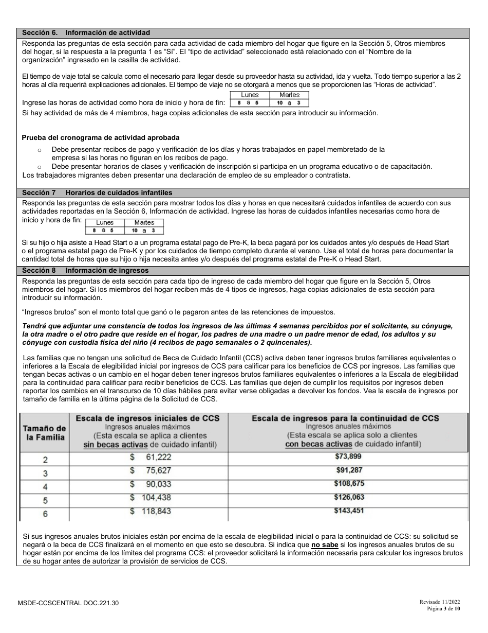 Formulario DOC.221.30 Solicitud Nueva Y Redefinicion - Programa De Becas De Cuidado Infantil - Maryland (Spanish), Page 3