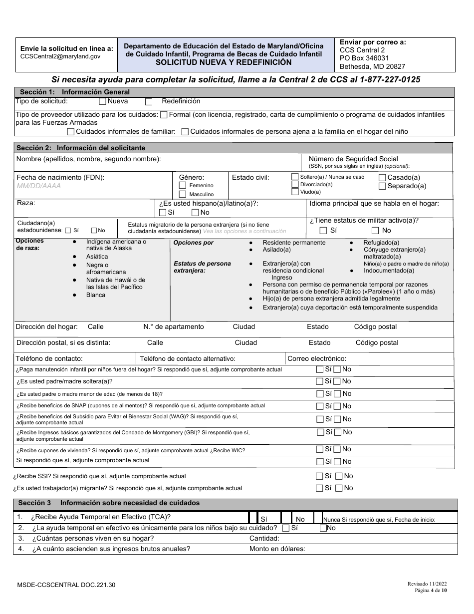 Formulario DOC.221.30 Solicitud Nueva Y Redefinicion - Programa De Becas De Cuidado Infantil - Maryland (Spanish), Page 4