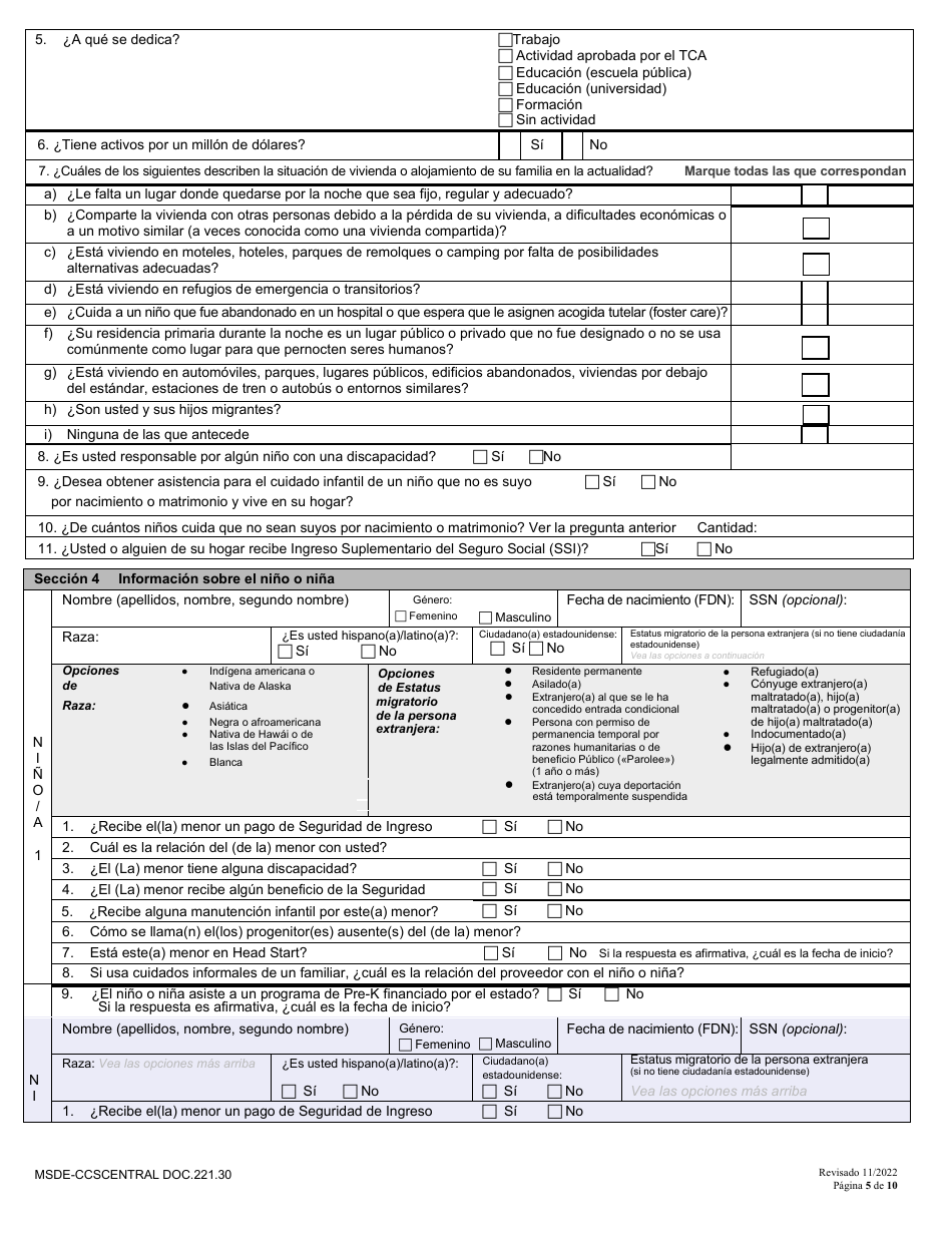 Formulario DOC.221.30 Solicitud Nueva Y Redefinicion - Programa De Becas De Cuidado Infantil - Maryland (Spanish), Page 5