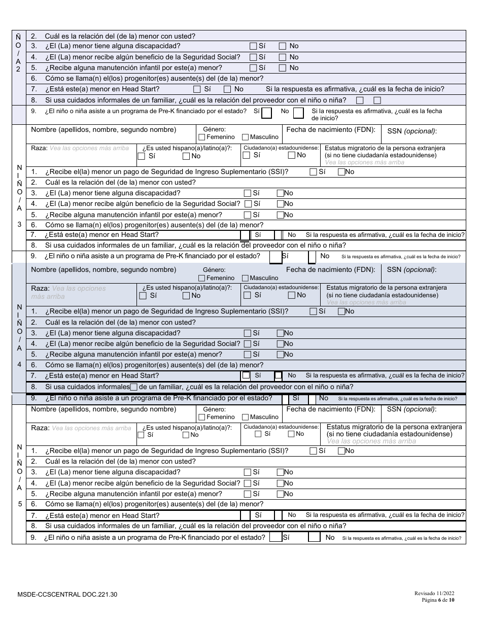 Formulario DOC.221.30 Solicitud Nueva Y Redefinicion - Programa De Becas De Cuidado Infantil - Maryland (Spanish), Page 6
