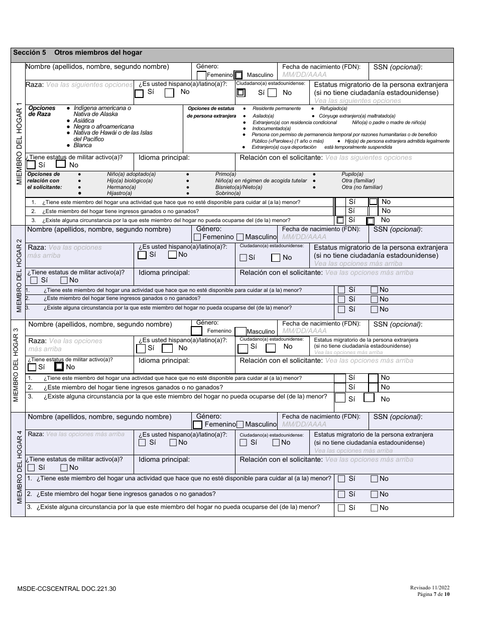 Formulario DOC.221.30 Solicitud Nueva Y Redefinicion - Programa De Becas De Cuidado Infantil - Maryland (Spanish), Page 7