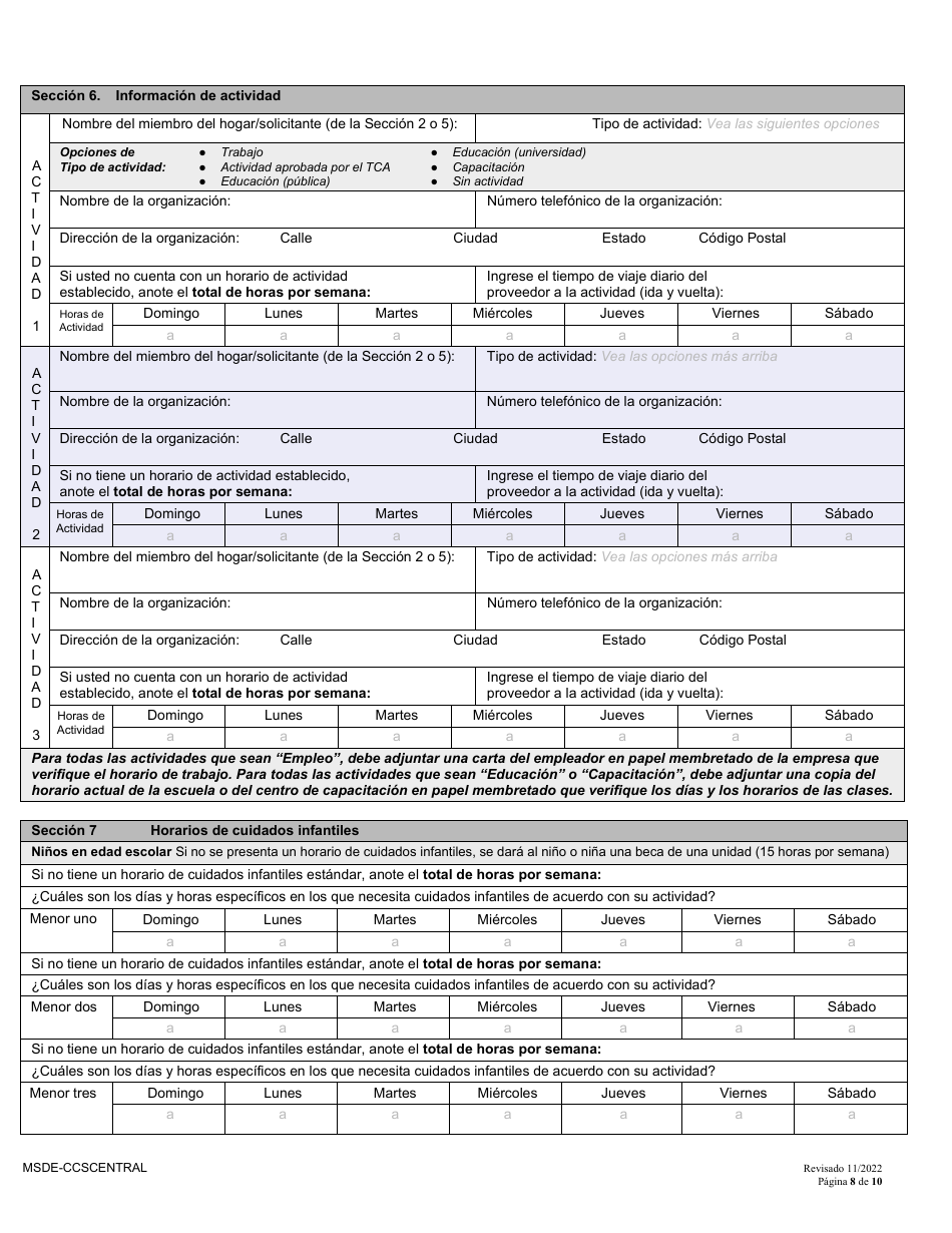 Formulario DOC.221.30 Solicitud Nueva Y Redefinicion - Programa De Becas De Cuidado Infantil - Maryland (Spanish), Page 8