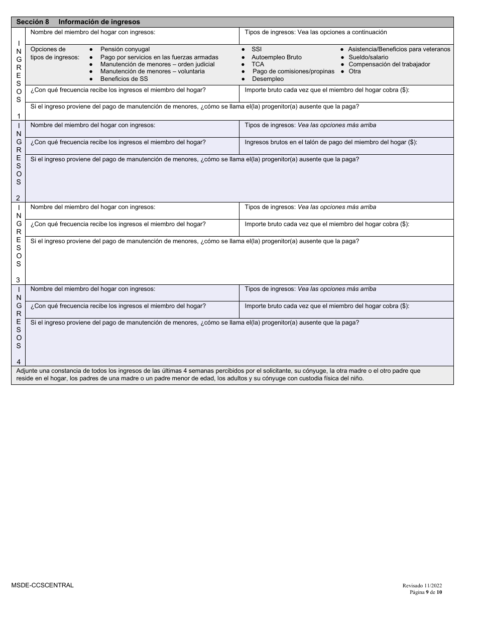 Formulario DOC.221.30 Solicitud Nueva Y Redefinicion - Programa De Becas De Cuidado Infantil - Maryland (Spanish), Page 9