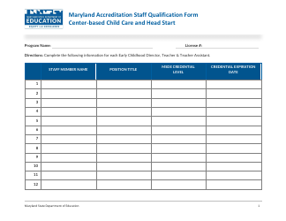 Document preview: Maryland Accreditation Staff Qualification Form - Center-Based Child Care and Head Start - Maryland
