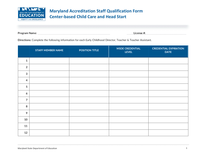 Maryland Accreditation Staff Qualification Form - Center-Based Child Care and Head Start - Maryland Download Pdf
