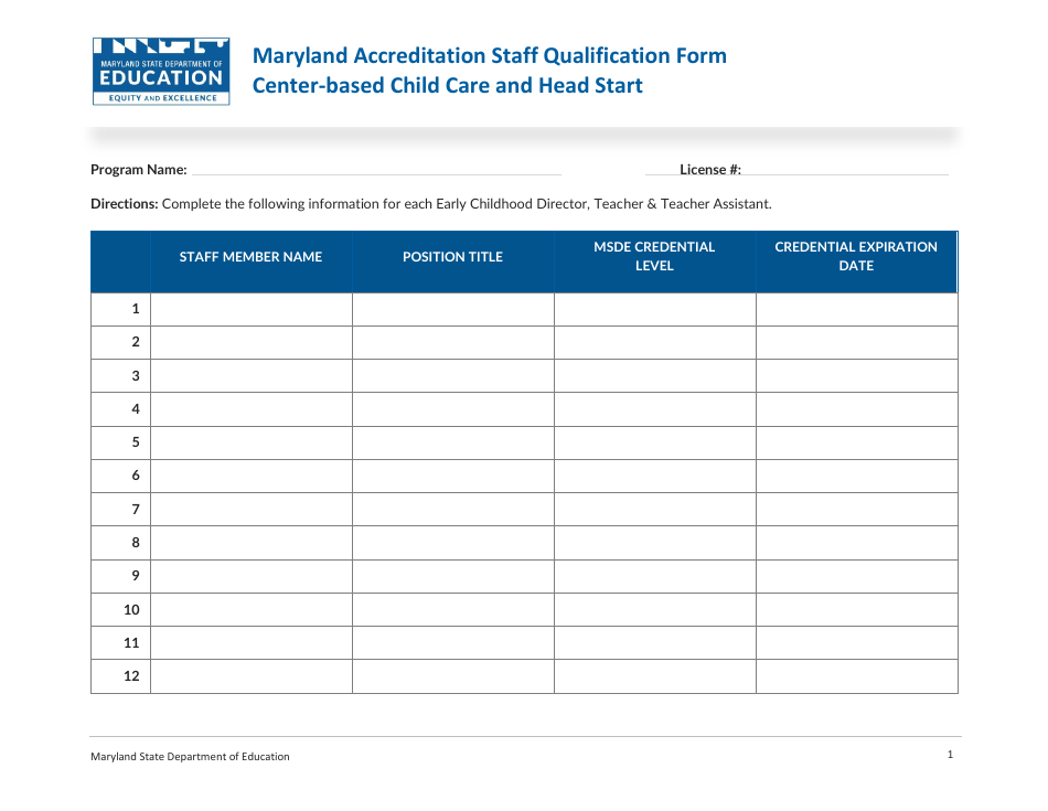 Maryland Accreditation Staff Qualification Form - Center-Based Child Care and Head Start - Maryland, Page 1